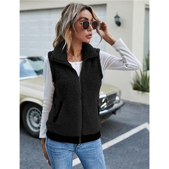 Lomon Womens Fuzzy Fleece Vest Sleeveless Zip Up Sherpa Vest